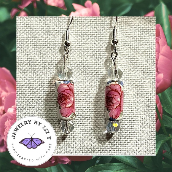 Liz T Jewelry - Handmade Beaded Drop Earrings Crystal Vintage Ceramic White Pink Painted Beads